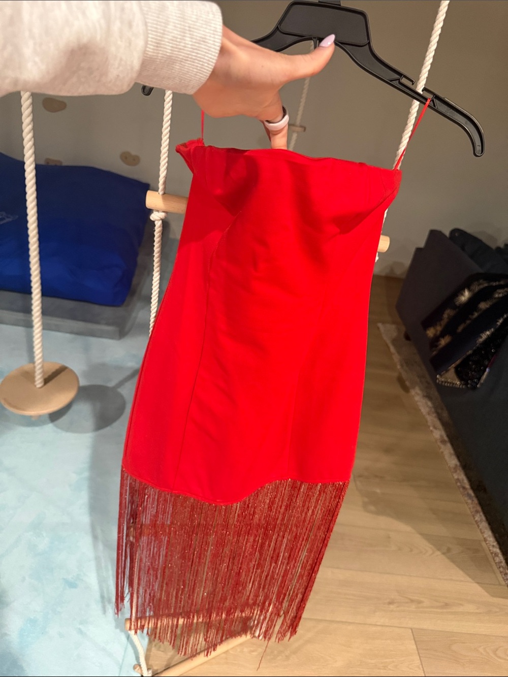 superdown Red Strapless Fringe Mini Dress